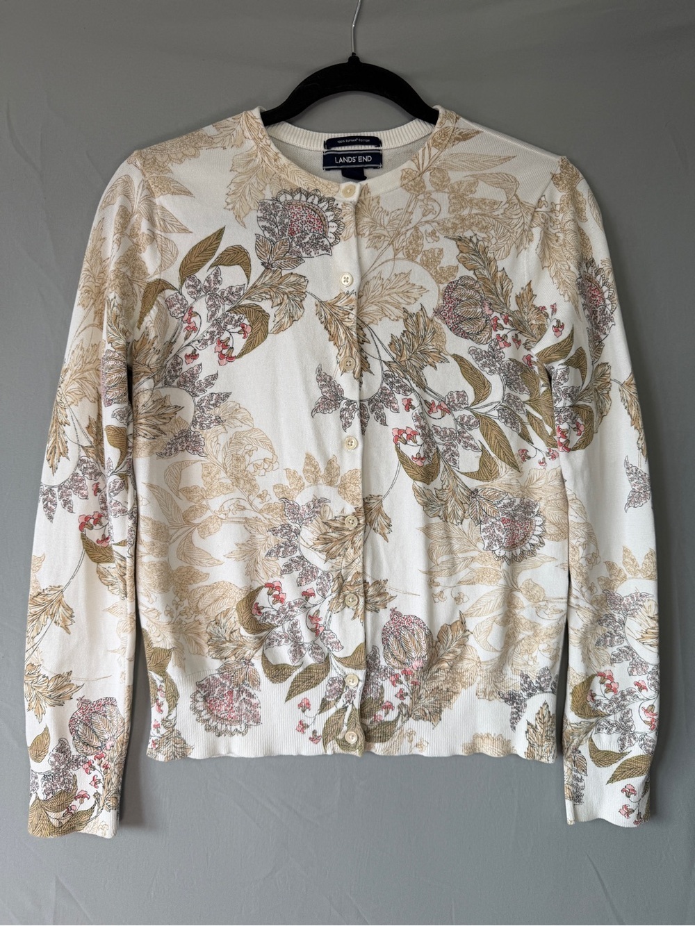 Lands End Womens Grannycore Floral Button Front Cardigan Size XS Cotton Teacher